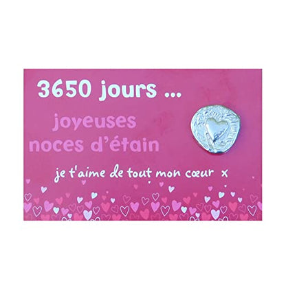 Cœur Unique Noces d’Étain, 3650 Jours de Mariage, Jeton Gravé en Étain sur Carte