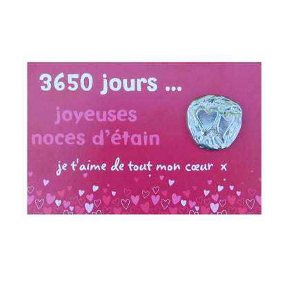 Double Cœur Noces d’Étain, 3650 Jours de Mariage, Jeton Couple en Étain sur Carte